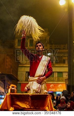Varanasi, India - Dec 25, 2019: Ganga Aarti On The Dashashwamedh Ghat At Varanasi Uttar Pradesh Indi