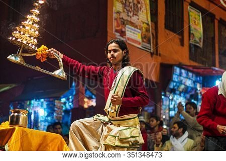 Varanasi, India - Dec 25, 2019: Ganga Aarti On The Dashashwamedh Ghat At Varanasi Uttar Pradesh Indi