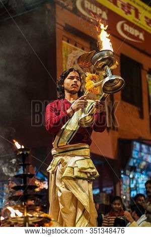 Varanasi, India - Dec 25, 2019: Ganga Aarti On The Dashashwamedh Ghat At Varanasi Uttar Pradesh Indi