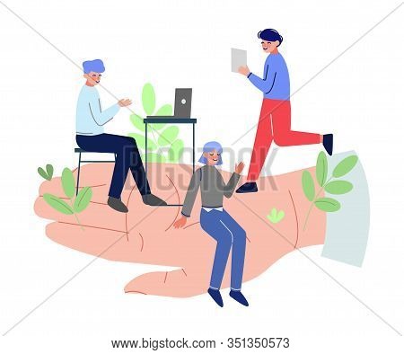 Giant Hands Holding Tiny Office Workers, Business Emloyees Protection, Professional Growth, Personne