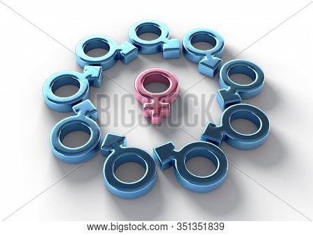 A Pink Metallic Female Symbol Surrounded By And Attracting Male Symbols All Pointing Towards It On A