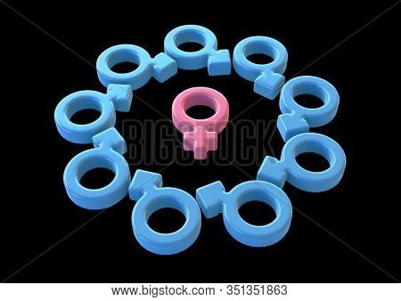 A Pink Female Symbol Surrounded By And Attracting Male Symbols All Pointing Towards It On A Dark Stu