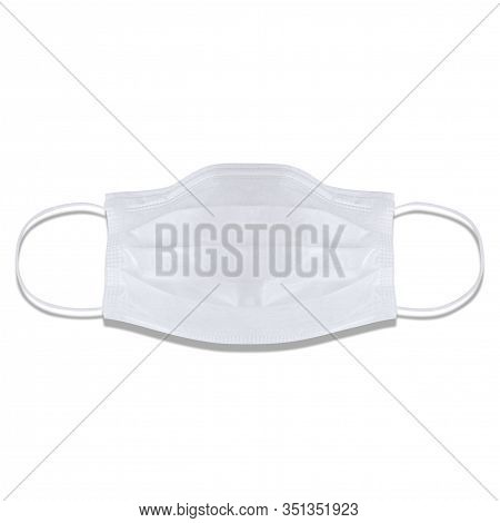 Typical 3-ply Medical Mask Isolated On White. Hard Lighted, Harsh Shadow. White Surgical Ear-loop Ma
