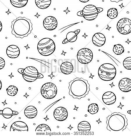 Cosmos Seamless Pattern. Planets, Stars, Celestial Bodies Of The Solar System, Hand Drawn Doodles. B