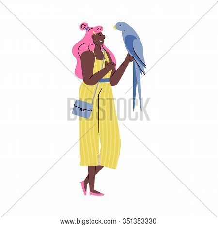 Pretty Young Woman Holding Parrot Sketch Doodle Vector Illustration Isolated.