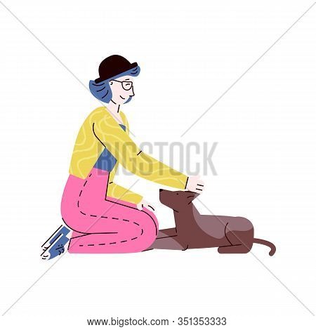 Young Woman Playing On Floor With Dog Pet, Sketch Vector Illustration Isolated.