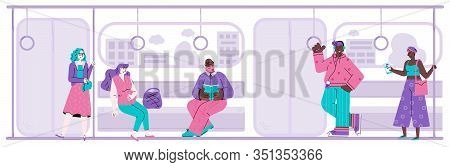 Diverse People Cartoon Characters In Subway Train Flat Vector Illustration.