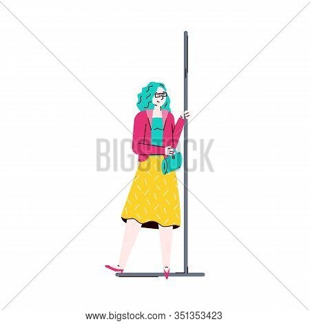 Woman Holding Handrails In Subway Train Car Sketch Vector Illustration Isolated.