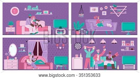 People Groups Watching Tv At House Interior Background Vector Illustration.