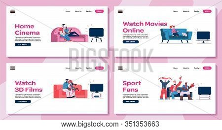 Home Cinema Banners Set With People Watching Tv Sketch Vector Illustration.