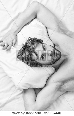 Bearded Man Sleeping Face Relaxing On Pillow. Man Handsome Guy Lay In Bed. Get Adequate And Consiste