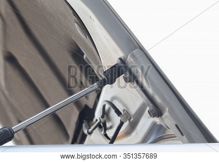 Bolt And Hydraulic Mounting Bracket For Opening The Car Bonnet Inside The Engine Room, The Support I