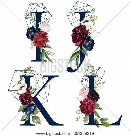 Floral Alphabet Set - Letters I, J, K, L, With Flowers Bouquet Composition And Delicate Navy Geometr