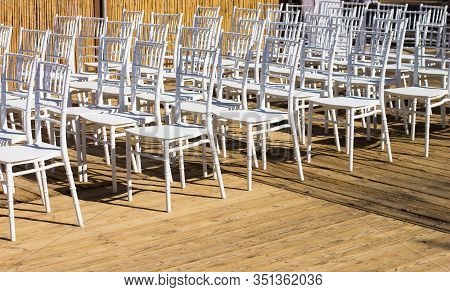 Furniture Chairs Ranks Outdoor On Wooden Deck Floor Patio Exterior For Some Event Space