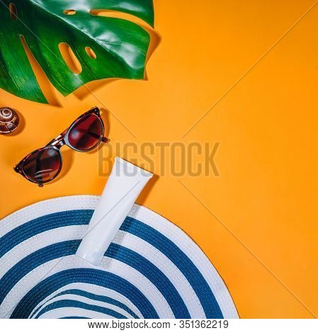 Sunprotection Objects. Womans Hat With Sunglasses And Protection Cream Spf Beach Accessories. Summer