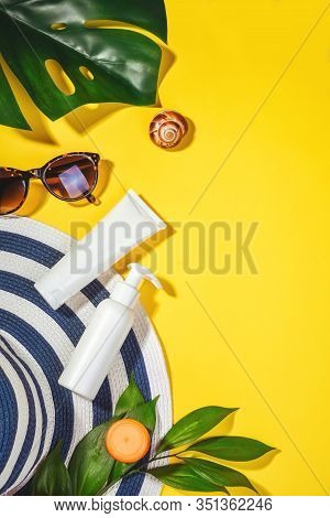 Sunprotection Objects. Womans Hat With Sunglasses And Protection Cream Spf Beach Accessories. Summer