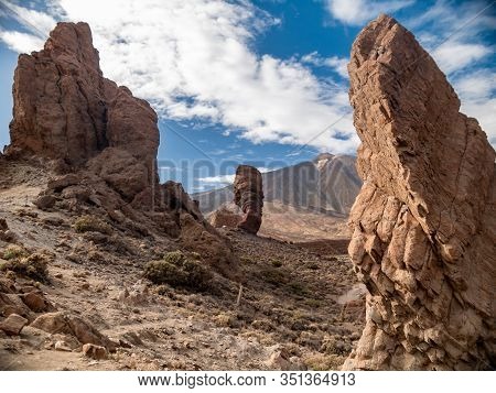 Beautiful Panoramic Landscape Of Volcano Teide Slope And High Volcanic Formations After Erruption