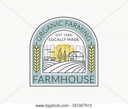 Farm Logo Isolated On White Background. Line Emblem With Farmhouse, Cows And Wheat Ear. Colored Outl
