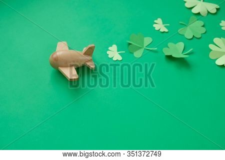 St. Patricks Day, Plane Luck Shamrock On A Green Background