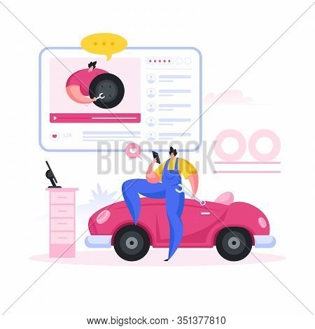 Mechanic Watching Tutorial Video On Smartphone. Flat Cartoon People Vector Illustration