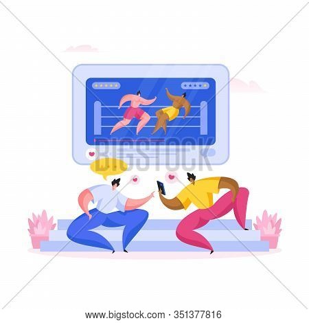 Diverse Men Watching And Discussing Gaming Stream. Flat Cartoon People Vector Illustration