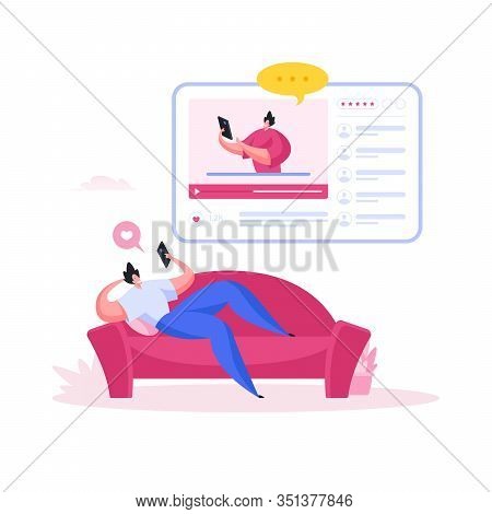 Man Watching Devices Reviews On Sofa. Flat Cartoon People Vector Illustration