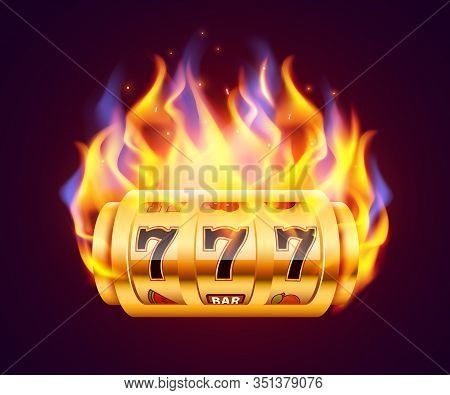 Burning Slot Machine Wins Wins The Jackpot. Fire Casino Concept. Hot 777