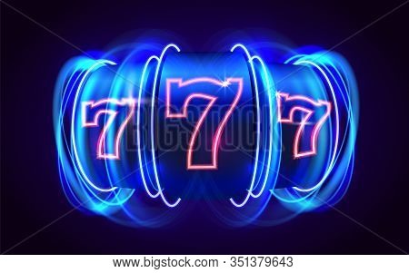 Neon Slot Machine Wins The Jackpot. 777 Big Win Casino Concept.