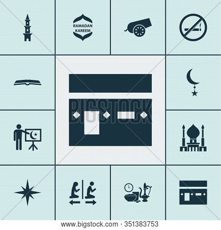 Religion Icons Set With Teaching, Qiblah, Star And Other Leaning Elements. Isolated Illustration Rel