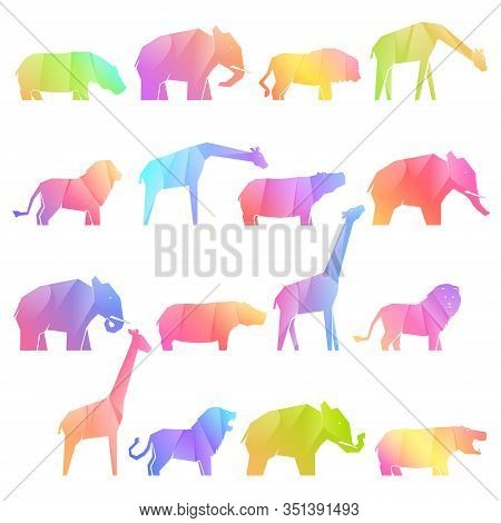 Set Of 16 Multi-colored Gradient African Animals In Different Poses, Lions And Hippos, Elephants And