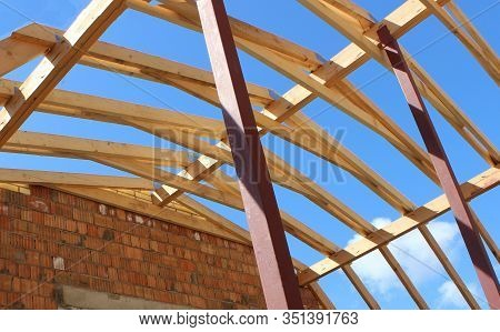 Roof Trusses Not Covered With Ceramic Tile On Detached House Under Construction, Visible Roof Elemen