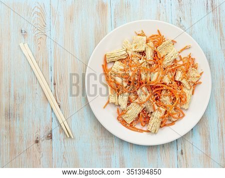 Spicy Chinese Or Korean Yuba Tofu Bamboo And Carrots Salad On Wooden Background