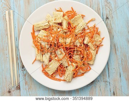 Spicy Chinese Or Korean Yuba Tofu Bamboo And Carrots Salad On Wooden Background