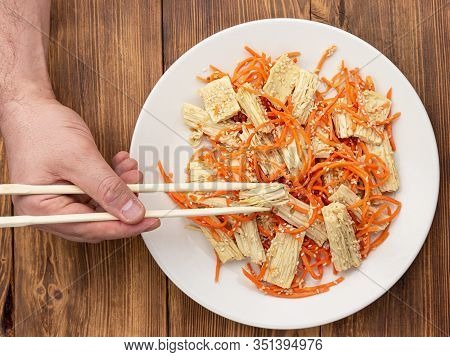 Spicy Chinese Or Korean Yuba Tofu Bamboo And Carrots Salad On Wooden Background