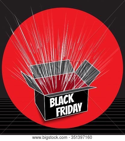 Black Friday Inscription On Box With Rays Of Light Or Lines Of Explosion. Red Sale Banner. Template 