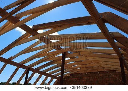 Roof Trusses Not Covered With Ceramic Tile On A Detached House Under Construction, Visible Roof Elem