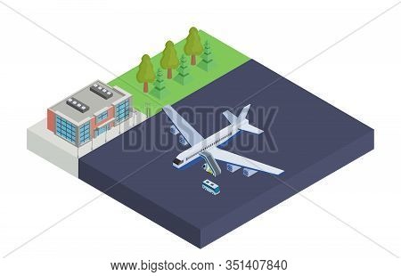 Isometric Airport Passenger Plane Before Flight. Vector Stock Illustration