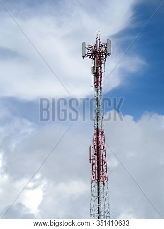 Lte, Gsm, 2g, 3g, 4g, 5g Tower Of Cellular Communication. Telecommunication Tower Against The Blue S