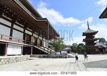 Narita, Japan - October 4, 2019: View Of Naritasan Temple With Red Pagoda And Blue Sky In Naritasan 