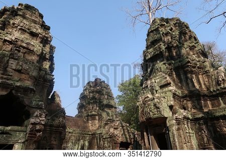 Temple Ruins With Detail Mural And Bas Relief In Ancient Angkor Wat Part Of Hindu, Vishnu, Shiva, Go