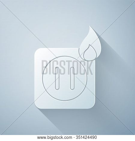 Paper Cut Electric Wiring Of Socket In Fire Icon Isolated On Grey Background. Electrical Safety Conc