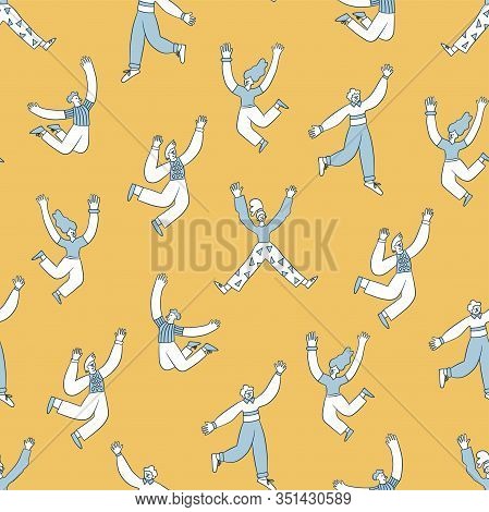 Abstract Hand Drawn People Jumping With Raised Hands On The Yellow Background. Seamless Anthropomorp