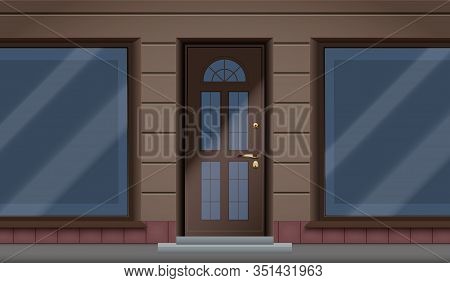 Exterior Of Hotel Facade With Two Big Glass Showcase And Entrance. Facade Of Granite Wall And Big Wi