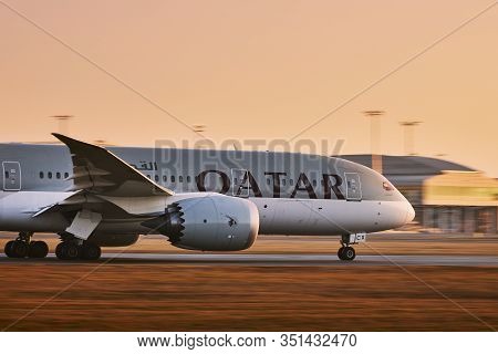 Prague, Czech Republic - January 21, 2020: Qatar Airways Boeing 787 Dreamliner Taking Off From Vacla