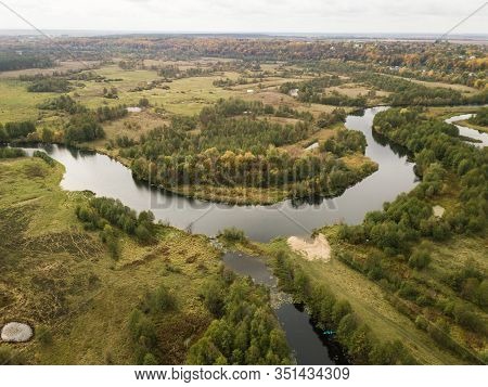Aerial View Of River Snov In Autumn Near Village Of Sednev, Chernihiv Region, Ukraine.