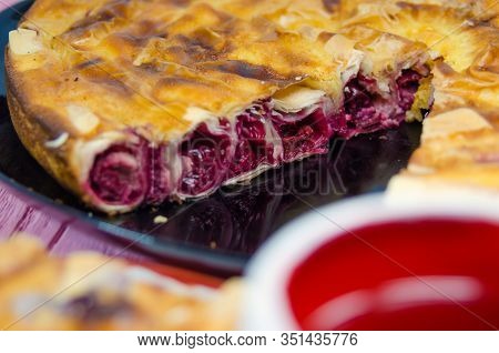 Fresh Slice Of Cherry Pie With Heart Shaped Cup.traditional Bulgarian Pie Banitsa Made From Filo Pas