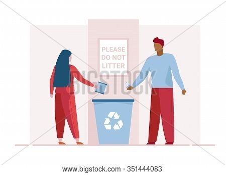 Man And Woman Throwing Litter In Recycling Bin. Mindful Couple Tossing Garbage Flat Vector Illustrat