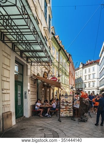 Bratislava, Slovakia - August 18, 2019: People Are Walking Through Rybarska Brana Street In Bratisla