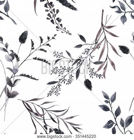 Beautiful Vector Seamless Pattern With Watercolor Dark Wild Field Herbs, Black Grass. Stock Illustra
