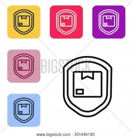 Black Line Delivery Pack Security With Shield Icon Isolated On White Background. Delivery Insurance.